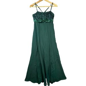 Vintage Green Land Gown Dress Womens Small Green Ribbon Bow Empire Waist Lace